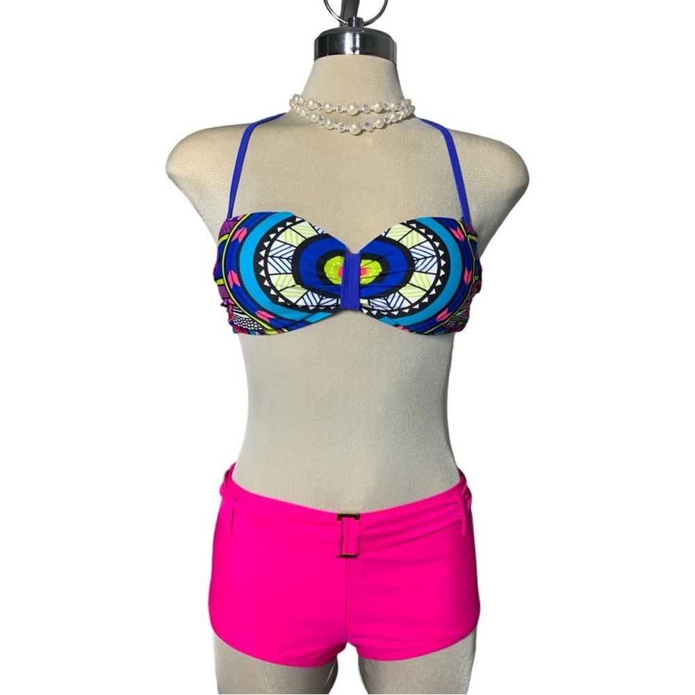 Pink Short and Blue Multicolor Strapless Bra Size 34